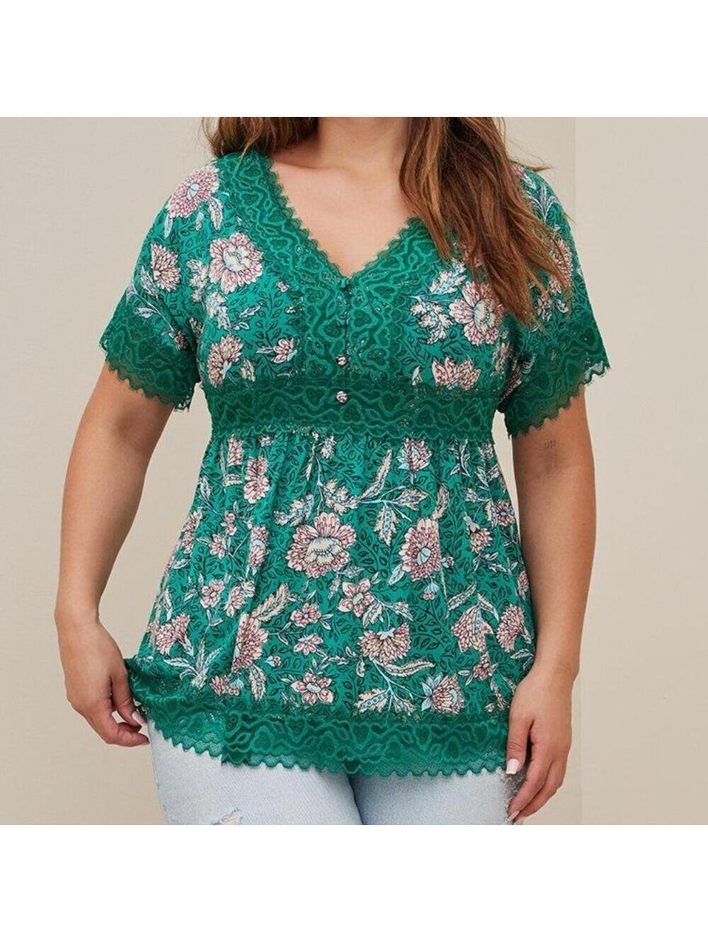 Torrid Green Floral Lace Trim Babydoll Blouse Top 0 L Large 12 NWT V-Neck NEW